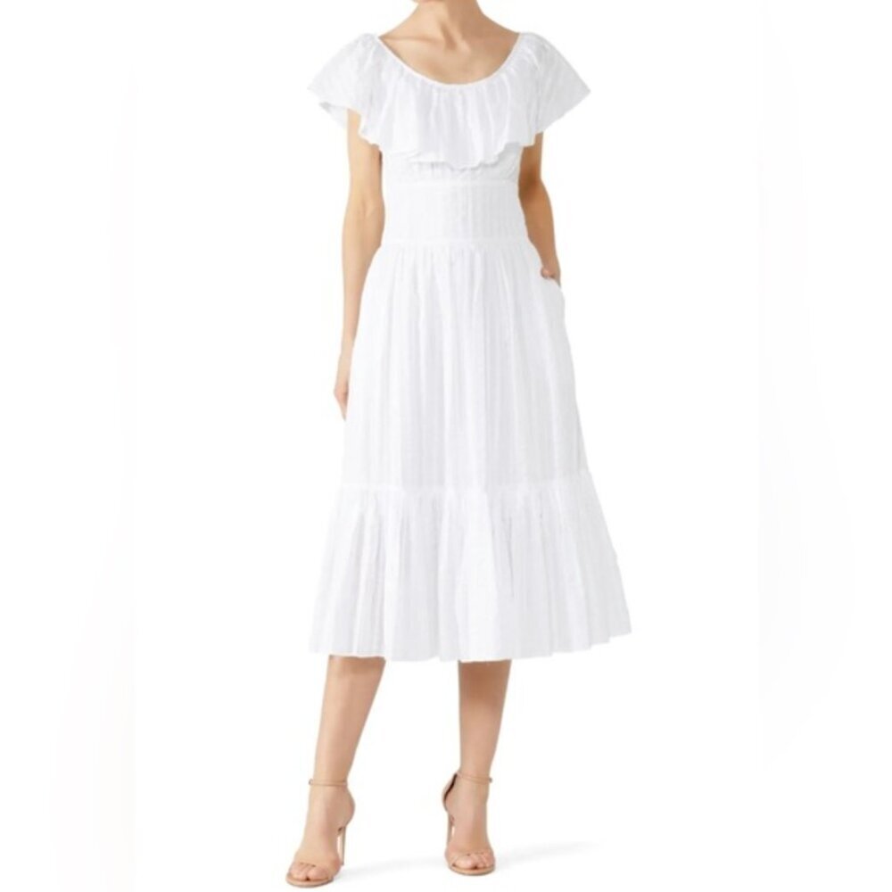 Tory Burch Off Shoulder White Cotton Seersucker Striped Ruffle Dress, size 2 - Picture 3 of 13